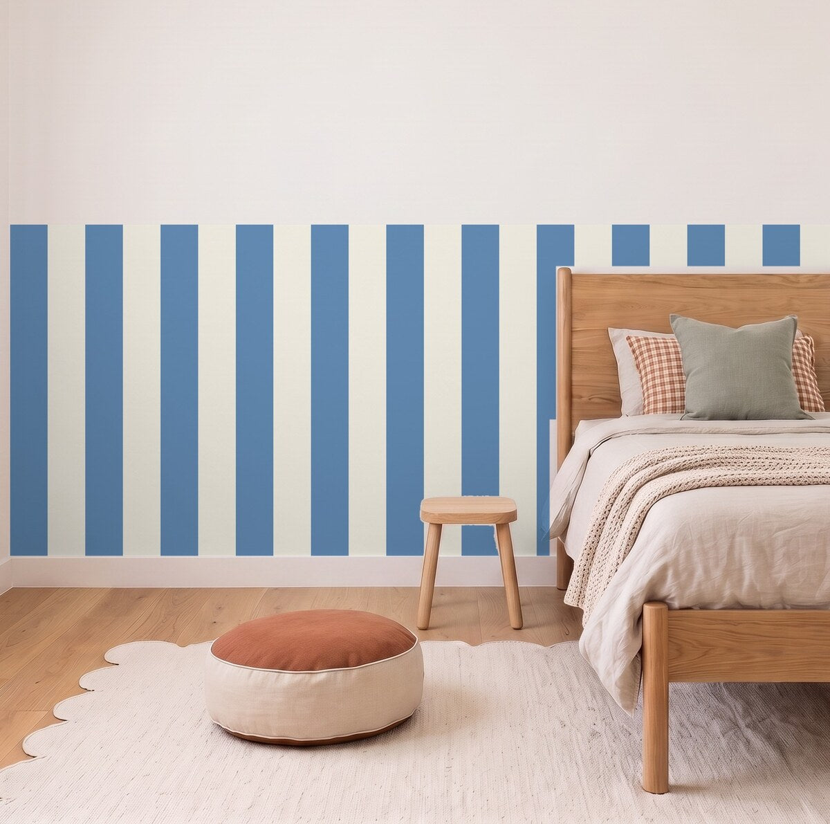 Wide Stripe half wall panels in Cornflower and cream in a kids bedroom, 3m wall to scale