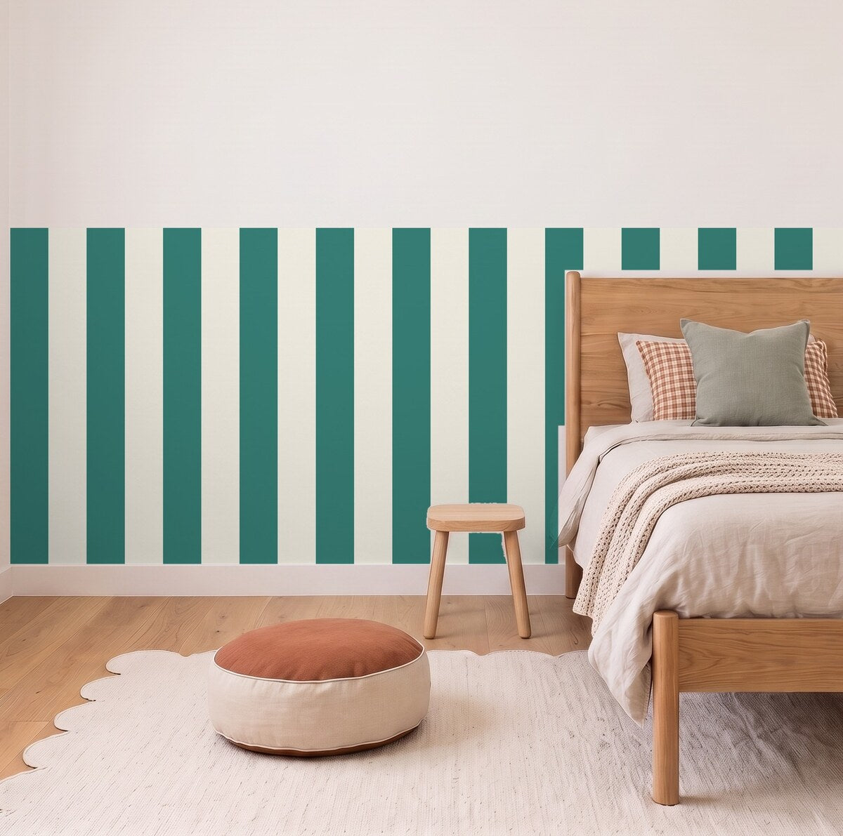 Wide Stripe half wall panels in Deep Teal and cream in a kids bedroom, 3m wall to scale