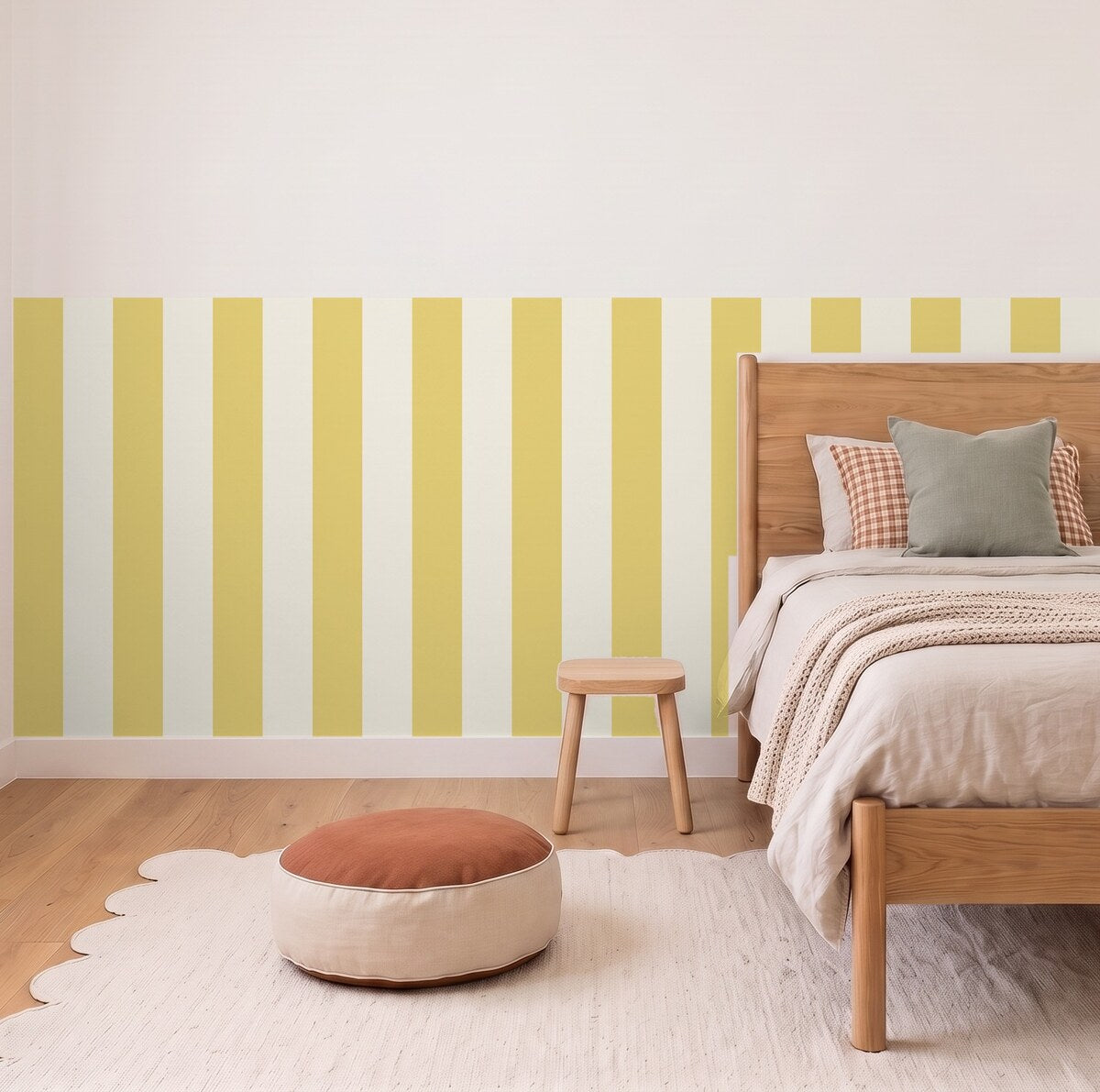 Wide Stripe half wall panels in Lemon and cream in a kids bedroom, 3m wall to scale