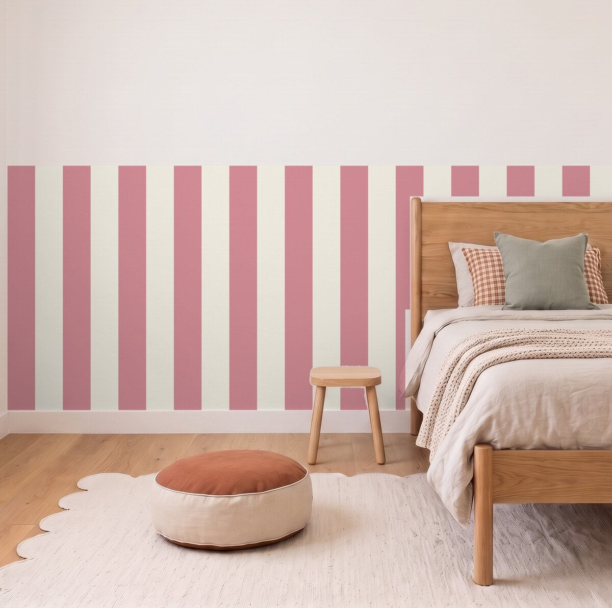 Wide Stripe half wall panels in Mauve Rose and cream in a kids bedroom, 3m wall to scale