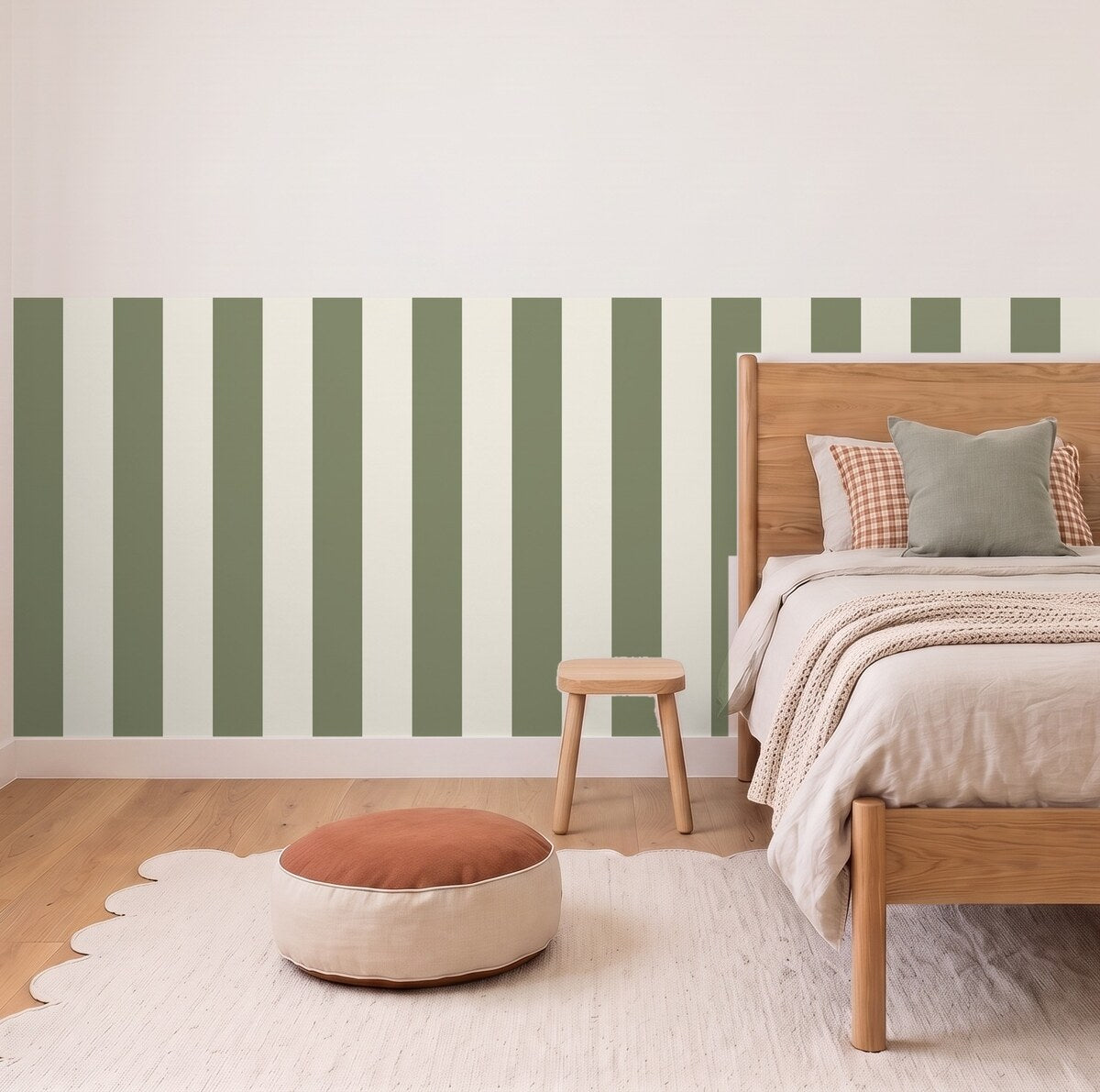 Wide Stripe half wall panels in Moss and cream in a kids bedroom, 3m wall to scale