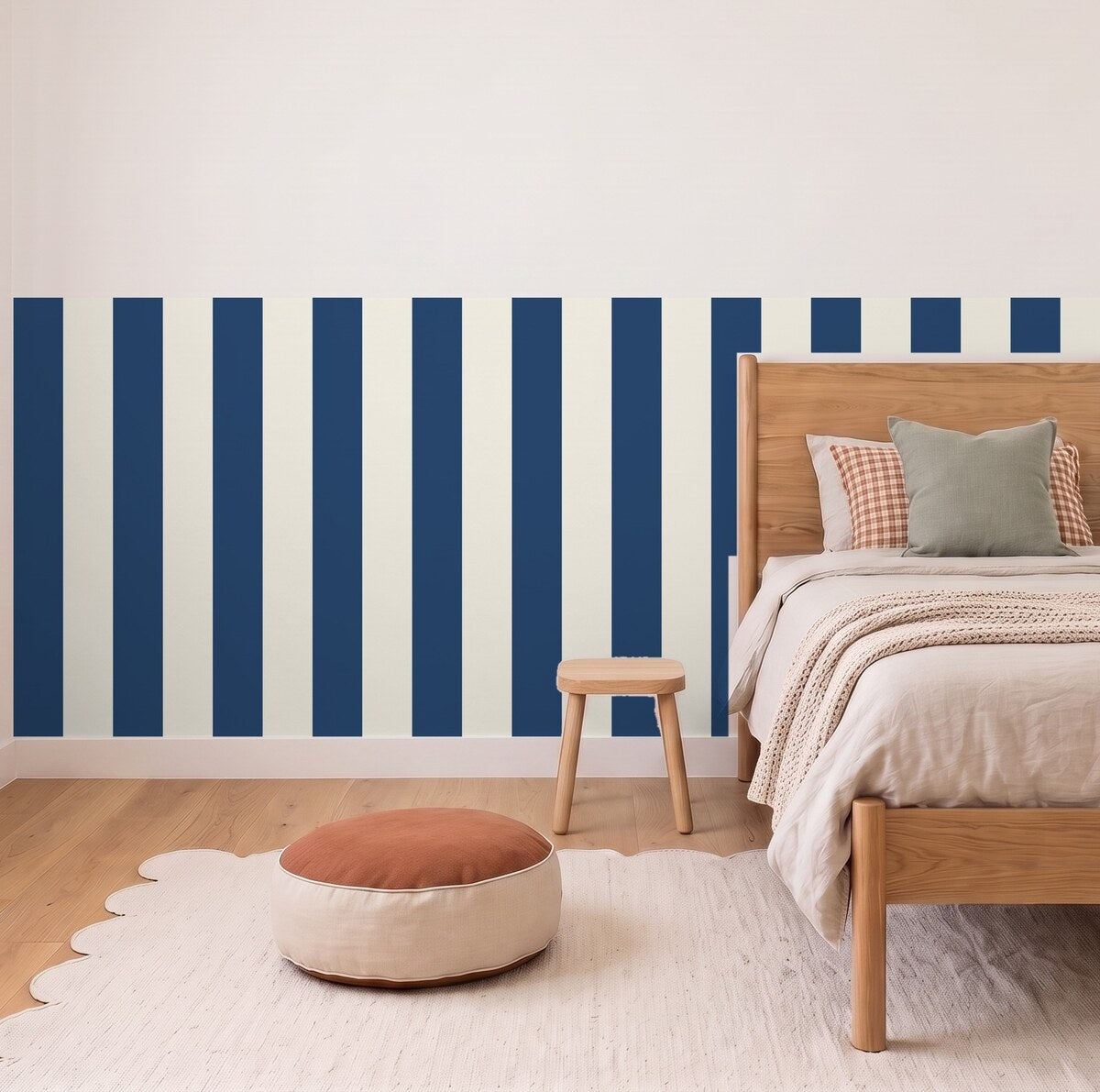 Wide Stripe half wall panels in Navy and cream in a kids bedroom, 3m wall to scale