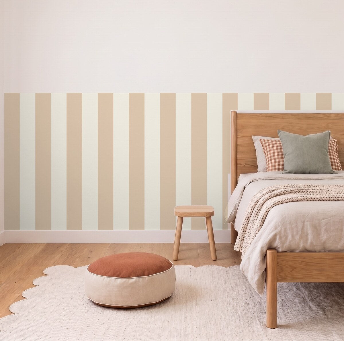 Wide Stripe half wall panels in Oat and cream in a kids bedroom, 3m wall to scale