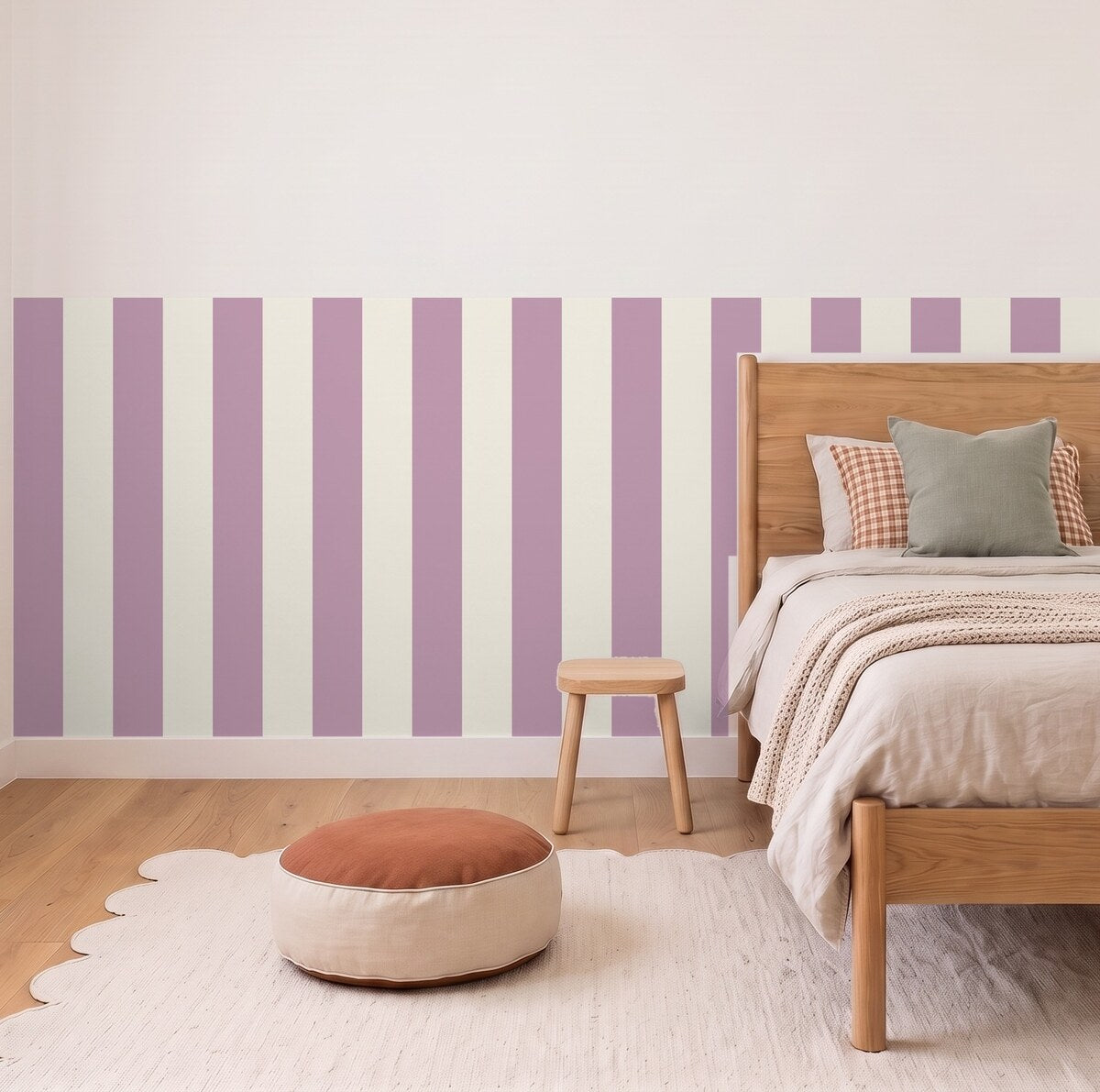 Wide Stripe half wall panels in Orchid and cream in a kids bedroom, 3m wall to scale