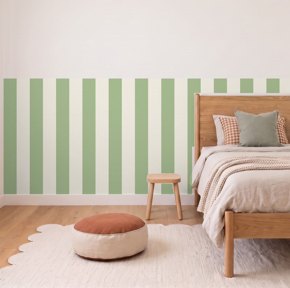 Wide Stripe half wall panels in Pistachio and cream in a kids bedroom, 3m wall to scale