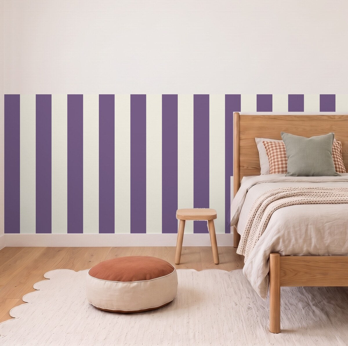 Wide Stripe half wall panels in Plum and cream in a kids bedroom, 3m wall to scale