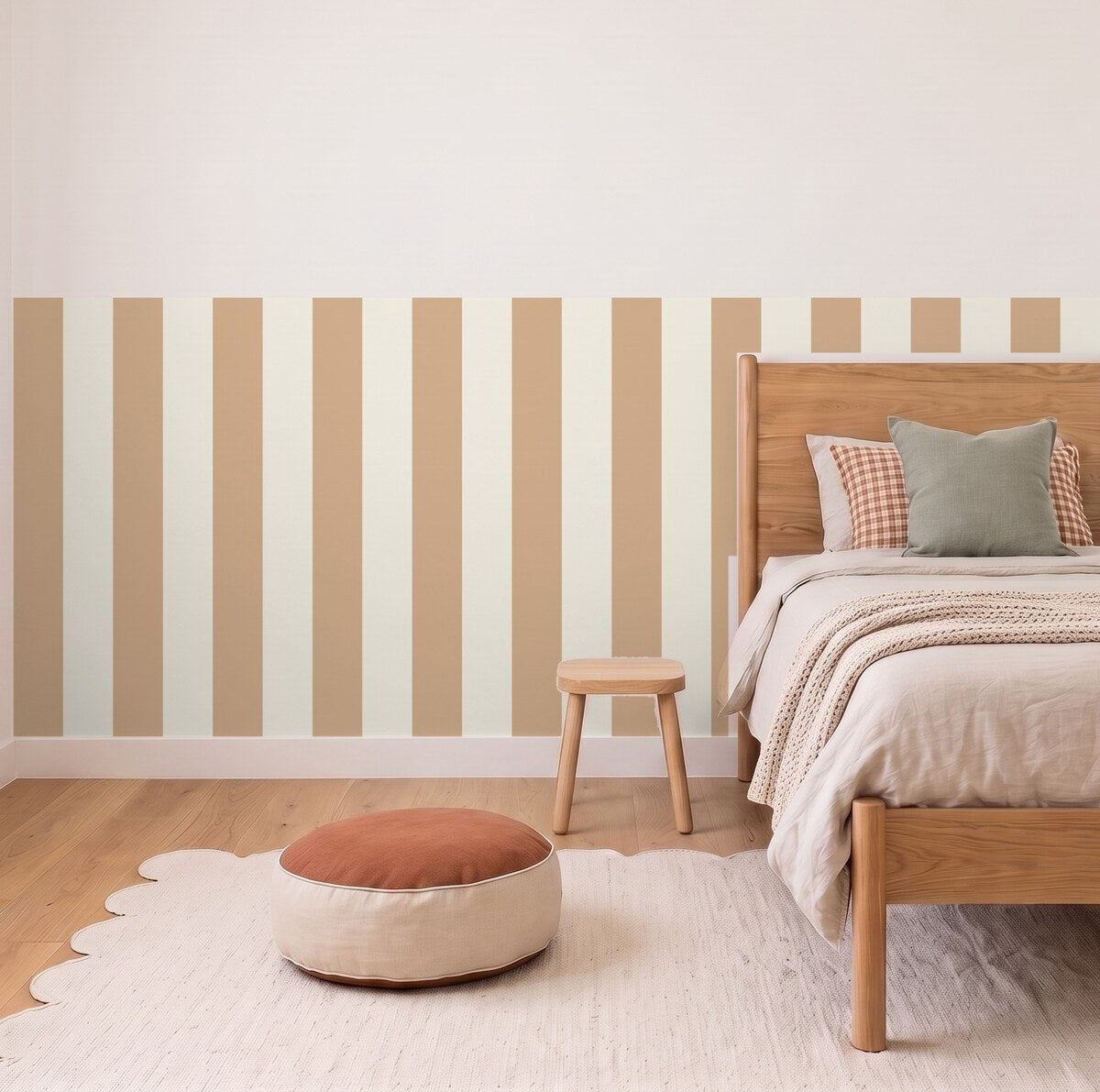 Wide Stripe half wall panels in Sand and cream in a kids bedroom, 3m wall to scale