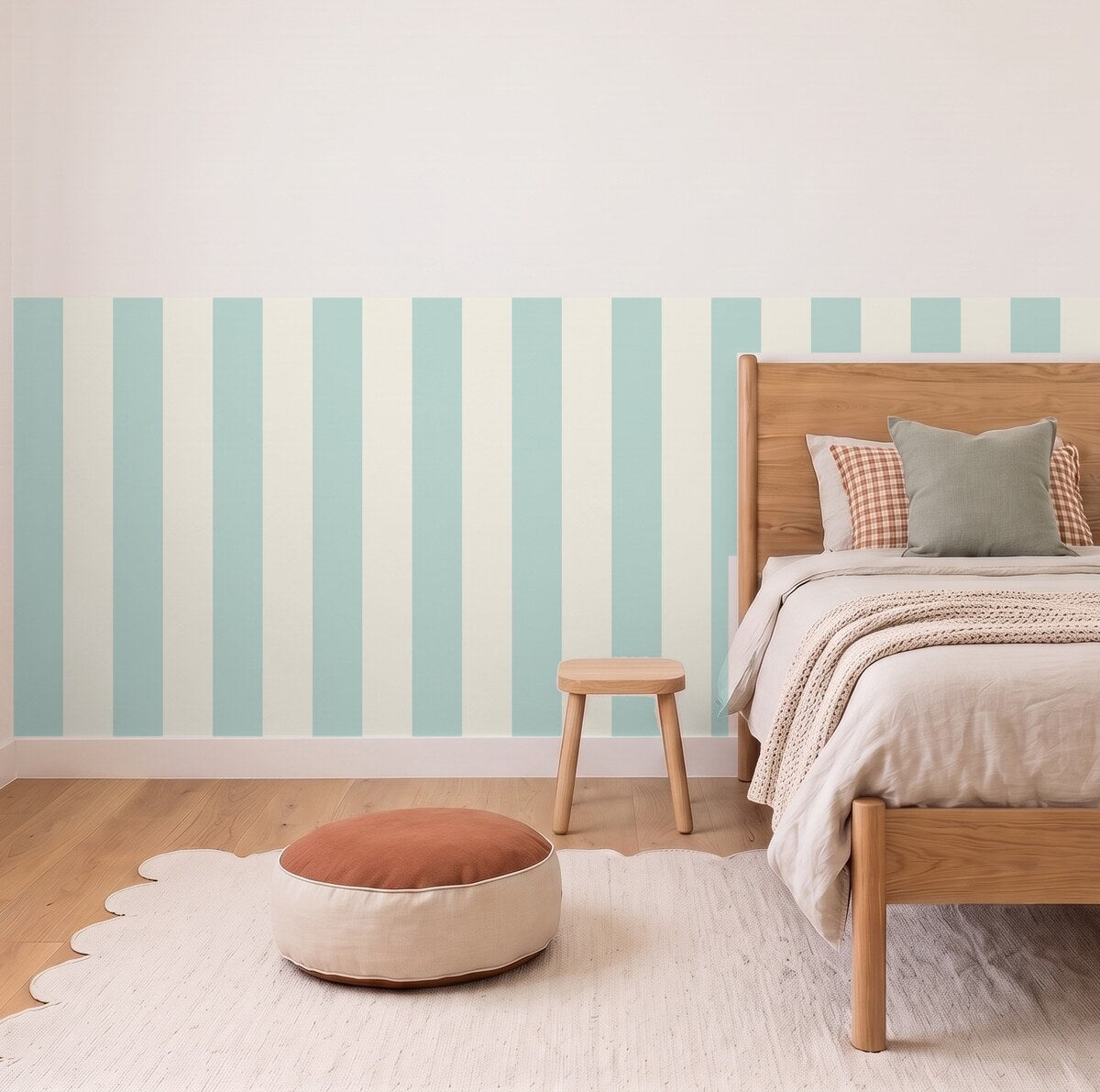 Wide Stripe half wall panels in Seafoam and cream in a kids bedroom, 3m wall to scale