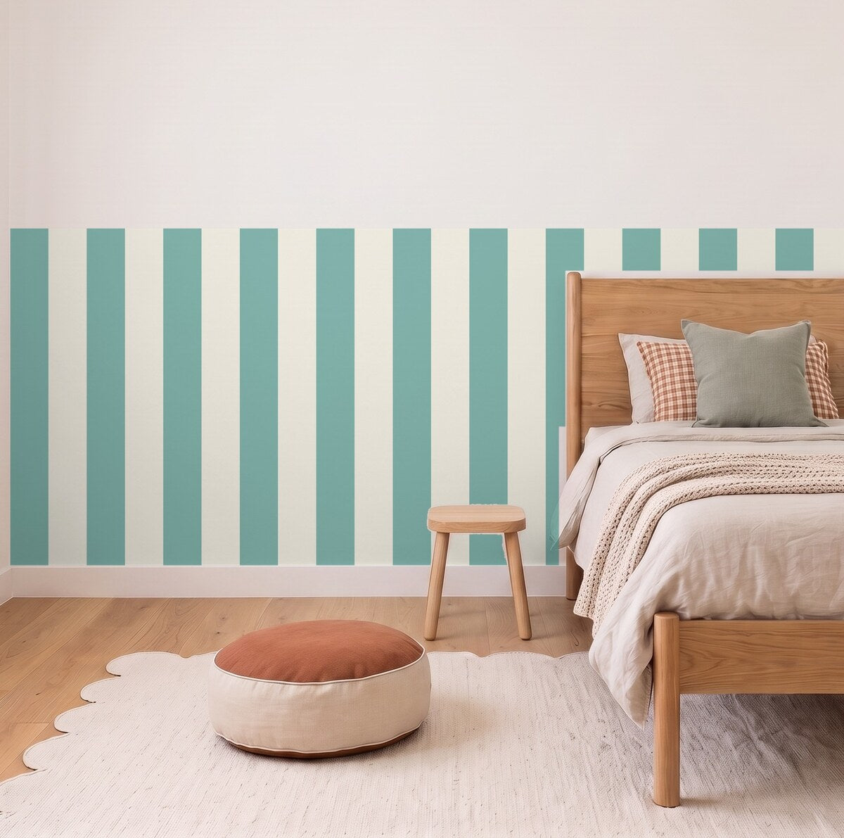 Wide Stripe half wall panels in Soft Teal and cream in a kids bedroom, 3m wall to scale