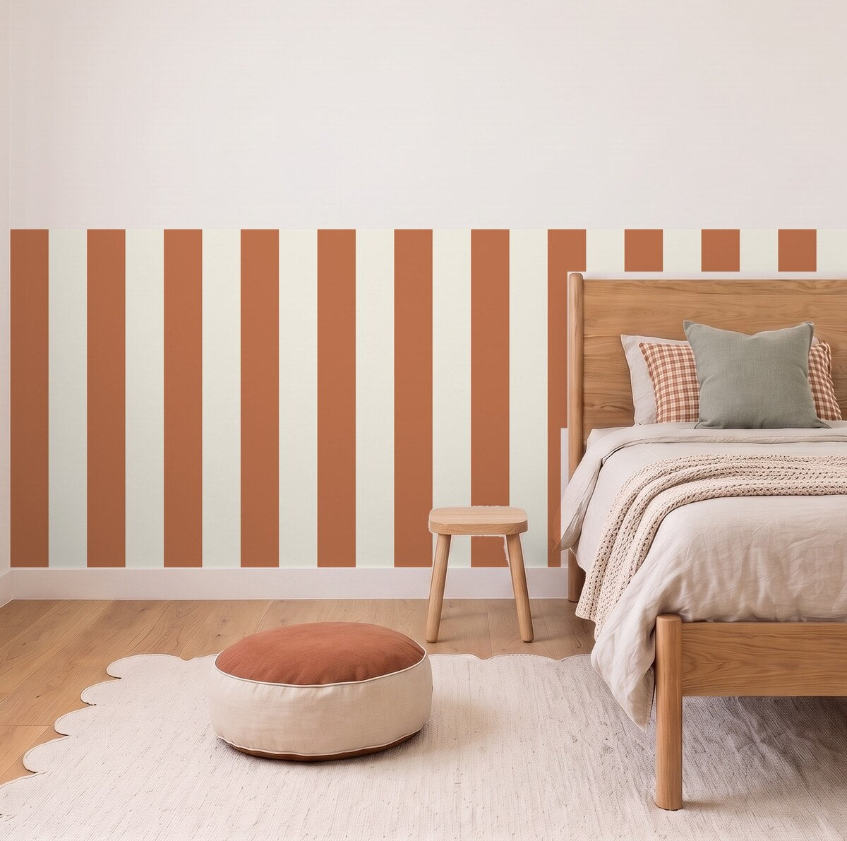 Wide Stripe half wall panels in Terracotta and cream in a kids bedroom, 3m wall to scale