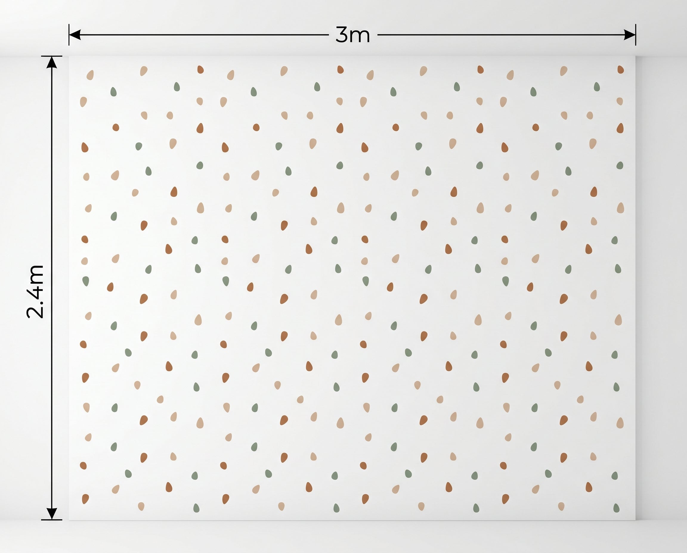 Wallpaper with a pattern of small dots on a white background, measuring 3m x 2.4m.