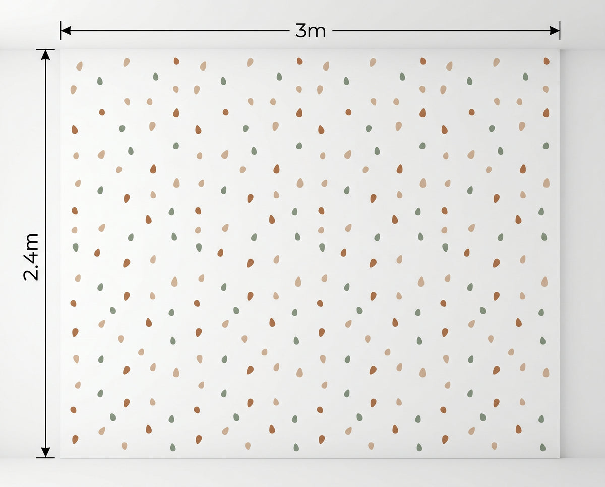 Wallpaper with a pattern of small dots on a white background, measuring 3m x 2.4m.