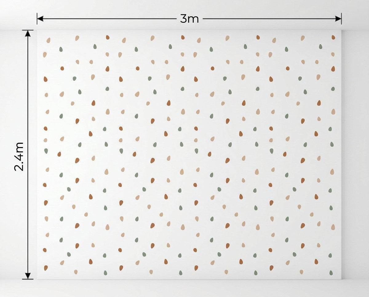 Wallpaper with a pattern of small dots on a white background, measuring 3m x 2.4m.