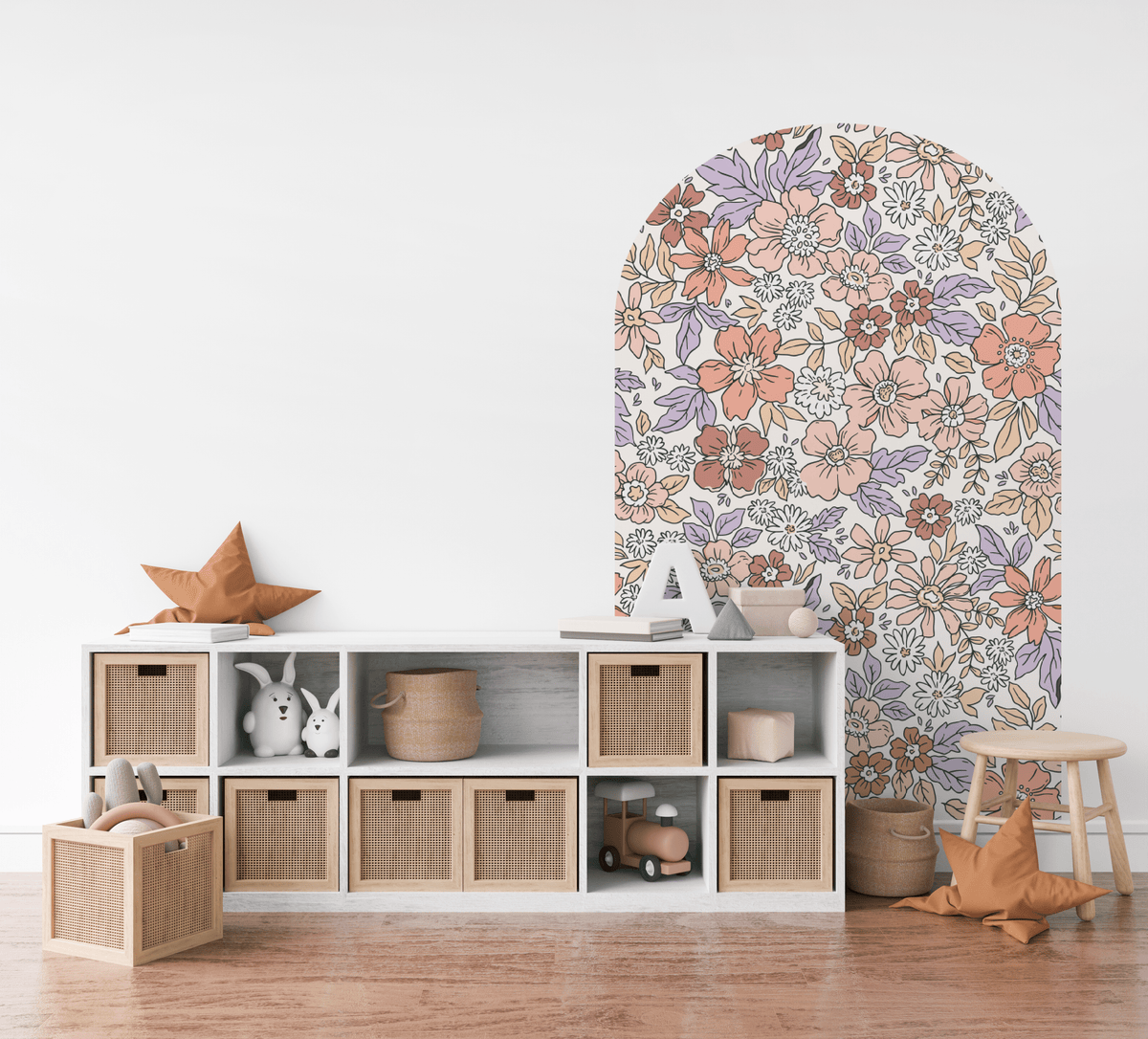Harmony Belle floral arch decal in a playroom with storage cubes and toys