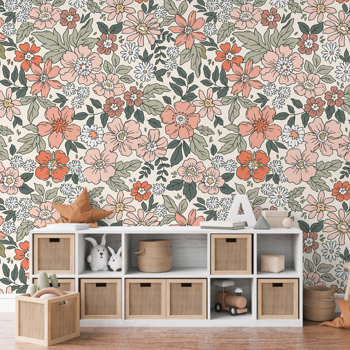 Harmony floral wallpaper in coral and green above white storage cubes