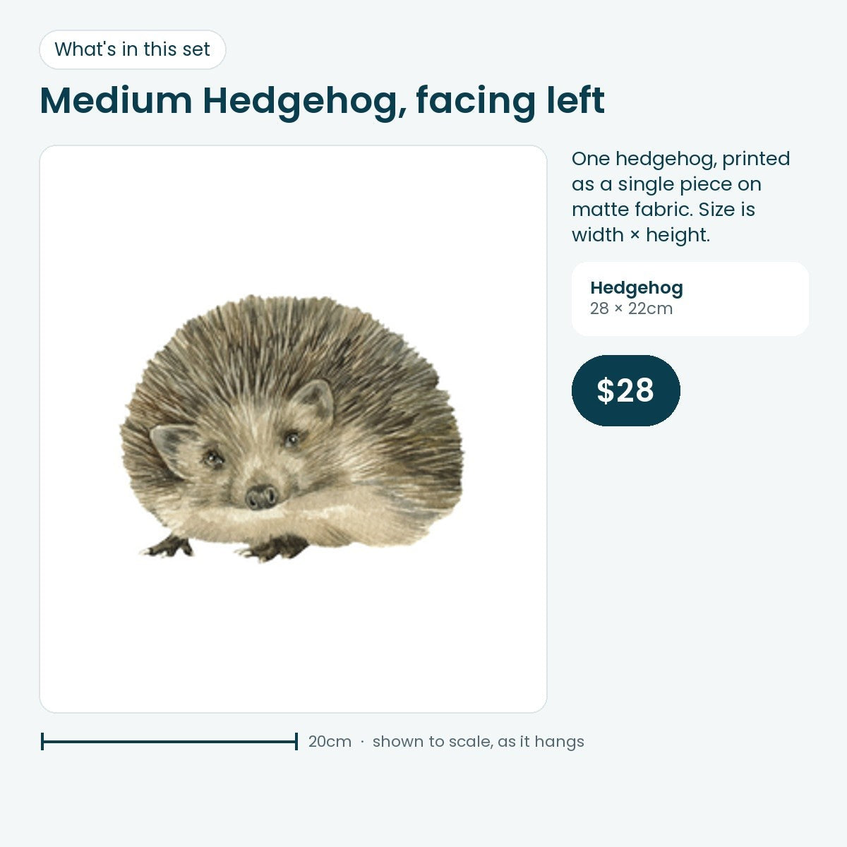 Medium hedgehog decal facing left, 28 × 22cm