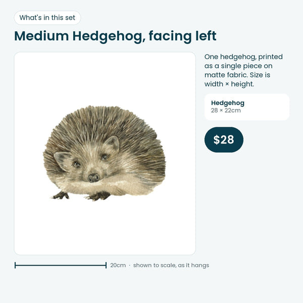 Medium hedgehog decal facing left, 28 × 22cm