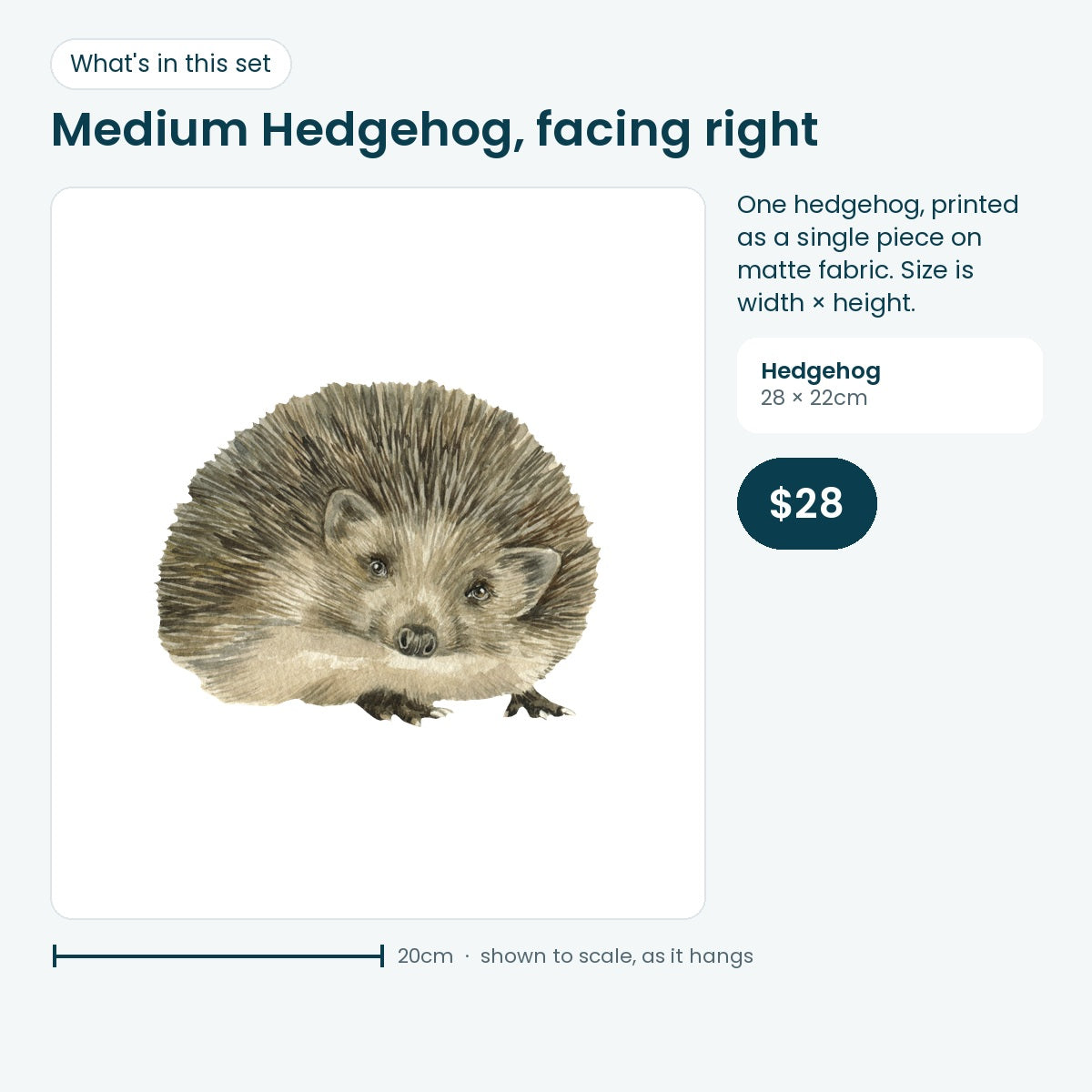 Medium hedgehog decal facing right, 28 × 22cm
