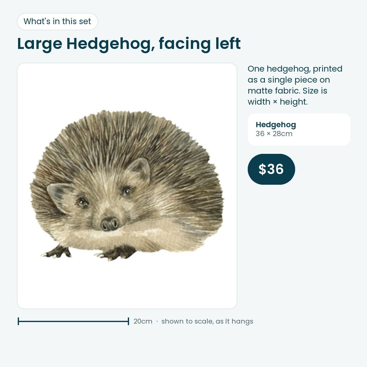 Large hedgehog decal facing left, 36 × 28cm
