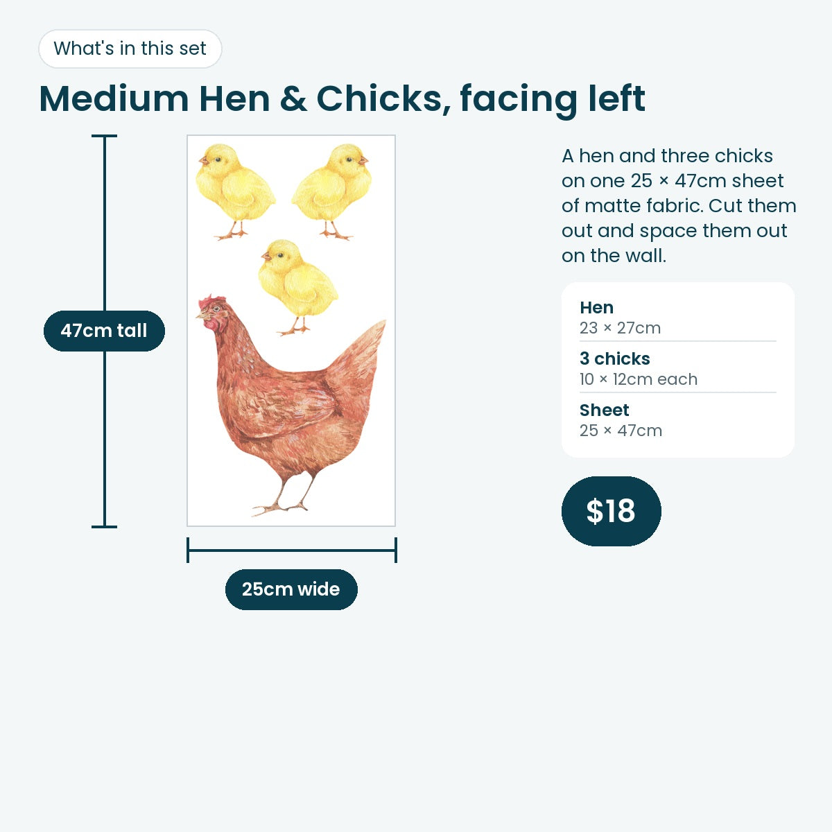 Medium hen and three chicks facing left on one 25 × 47cm sheet: hen 23 × 27cm, chicks 10 × 12cm