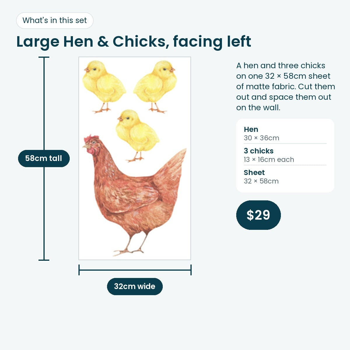 Large hen and three chicks facing left on one 32 × 58cm sheet: hen 30 × 36cm, chicks 13 × 16cm