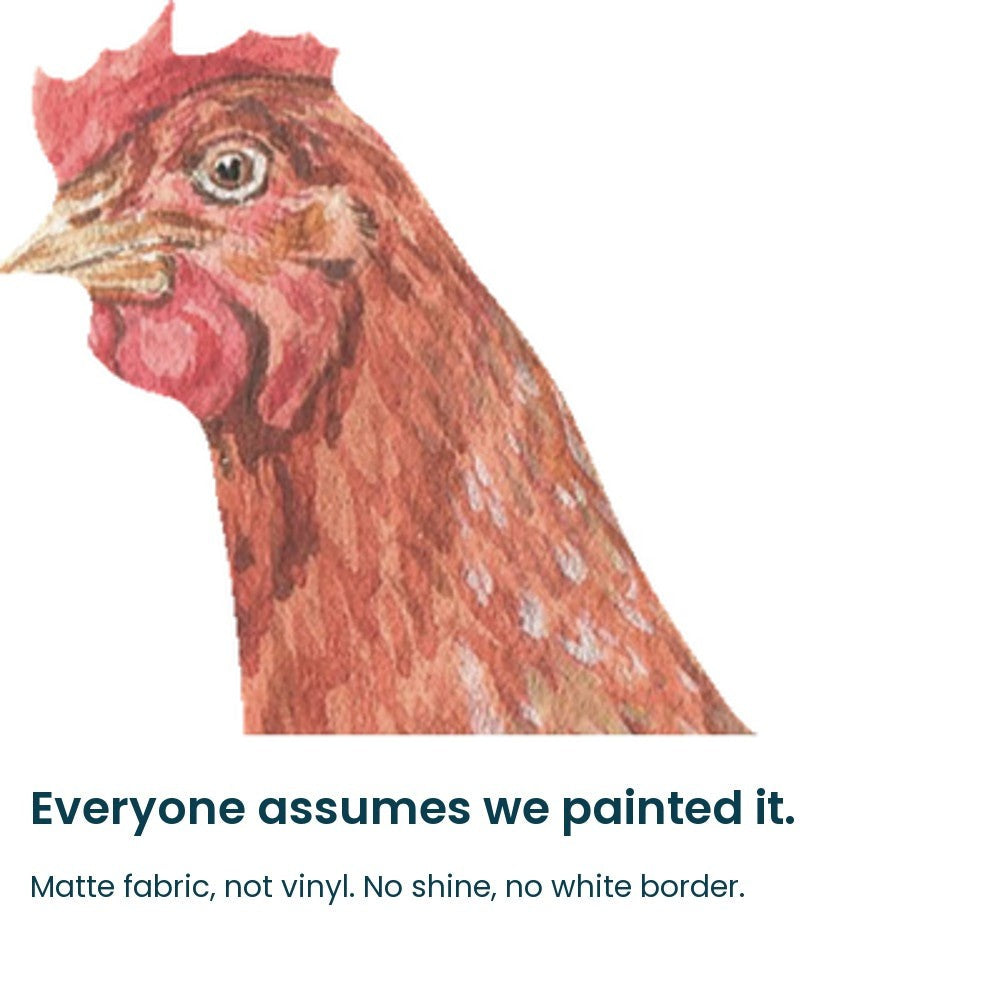 Close-up of the hand-painted watercolour hen on matte fabric