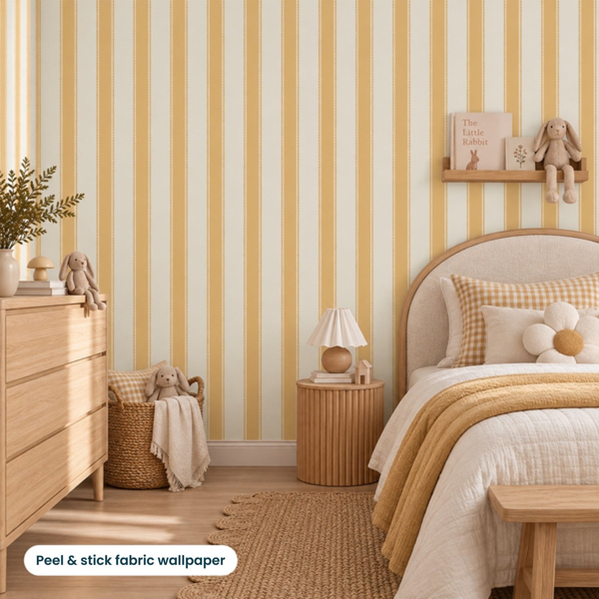 Henrietta Butterscotch Stripes peel and stick fabric wallpaper in a kids' bedroom