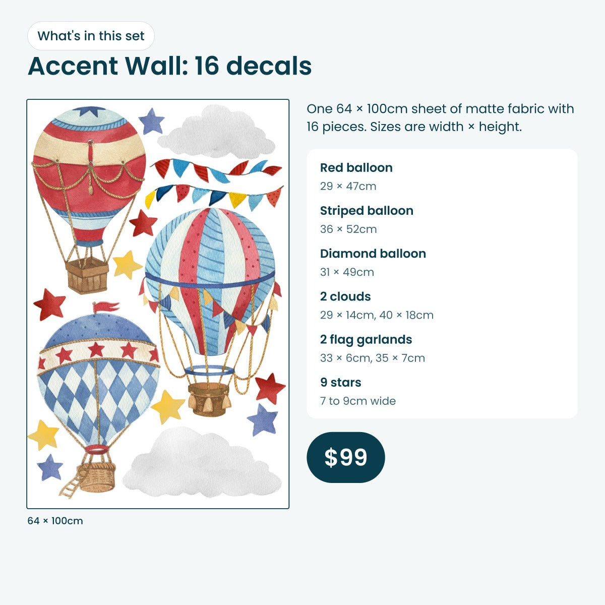 What's in the Accent Wall set: 3 small balloons, clouds and stars laid out