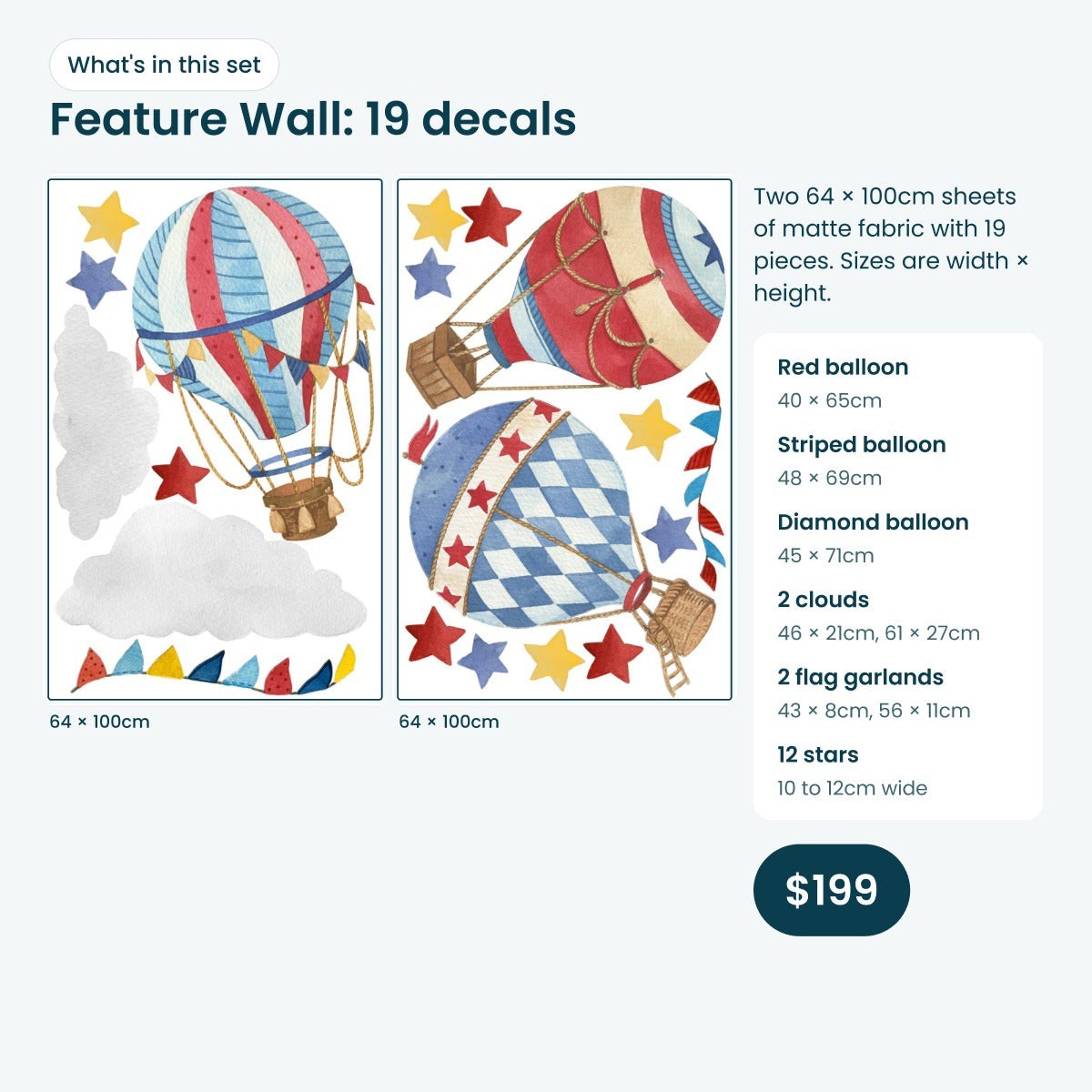 What's in the Feature Wall set: 3 medium balloons, clouds and stars laid out