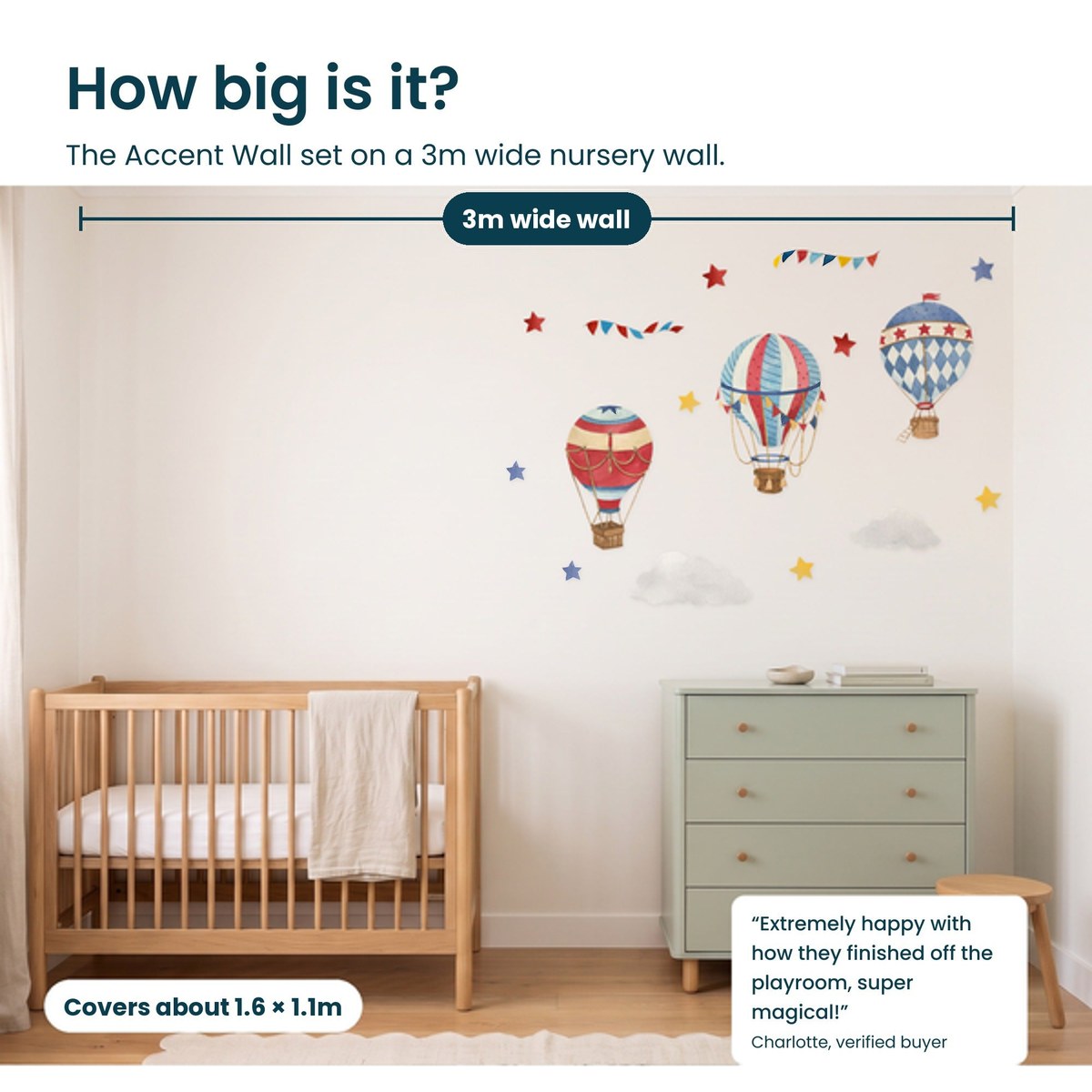 How big is the Hot Air Balloon Accent Wall set on a 3m wide nursery wall