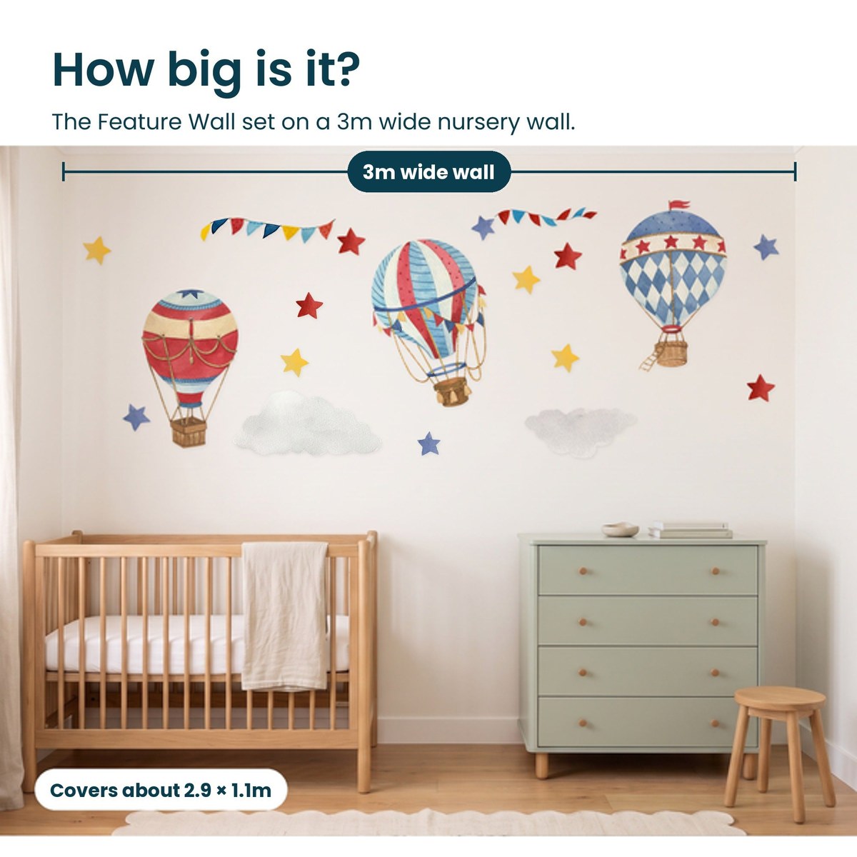 How big is the Hot Air Balloon Feature Wall set on a 3m wide nursery wall