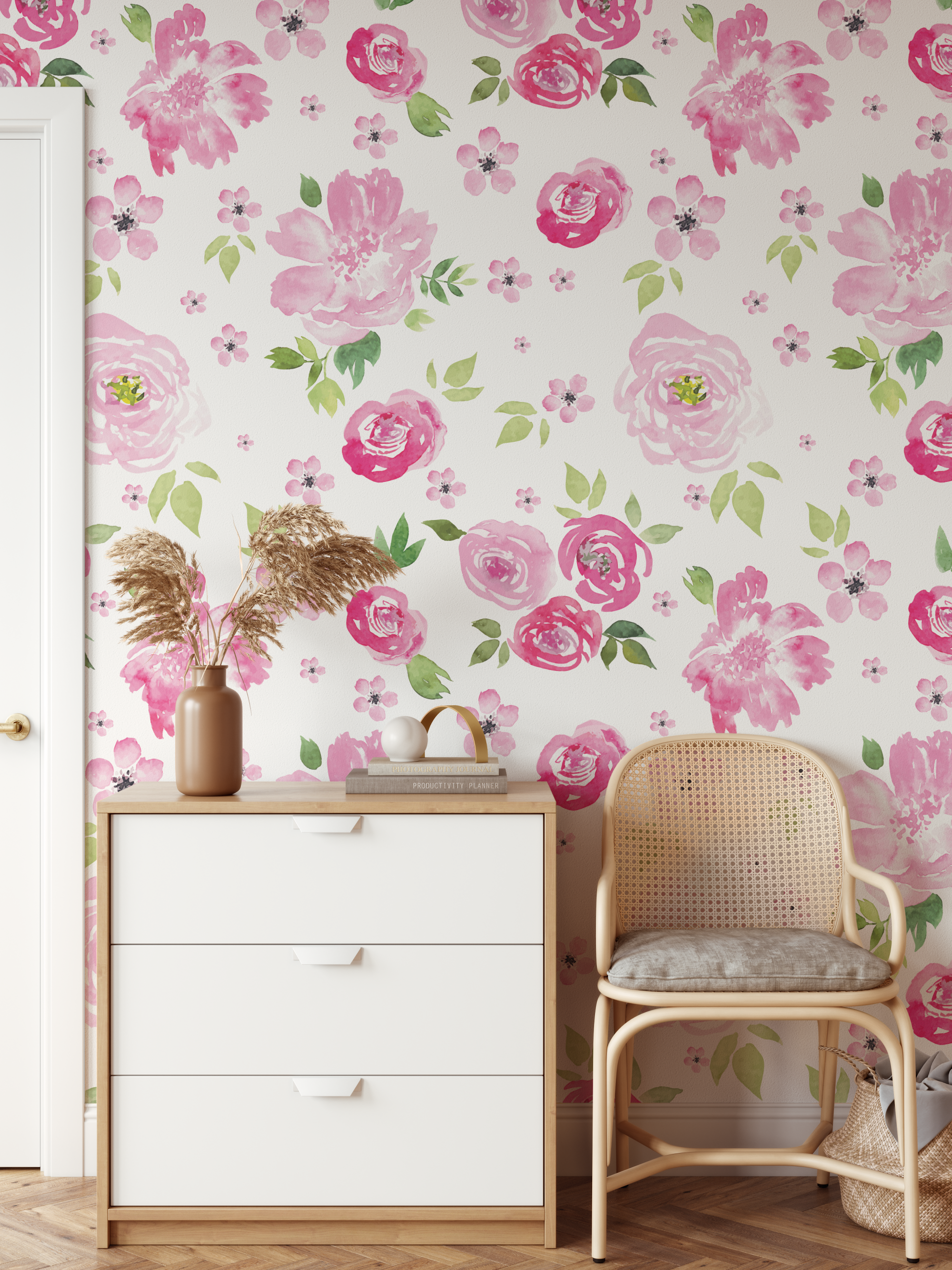 Isabella Pastel Pink Floral Rose Kids Room Wallpaper