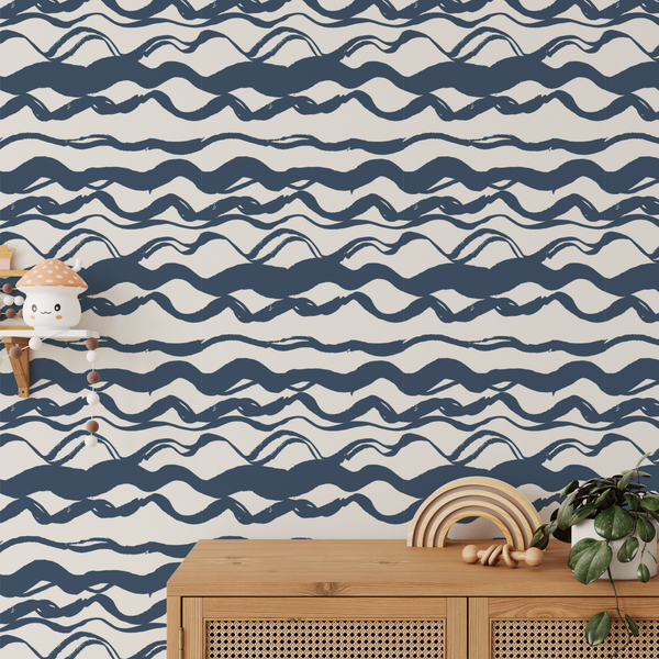 James Navy Wavy Lines Wallpaper