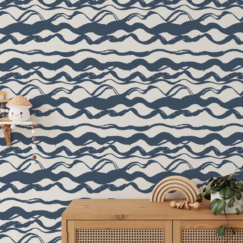James Navy Wavy Lines Wallpaper