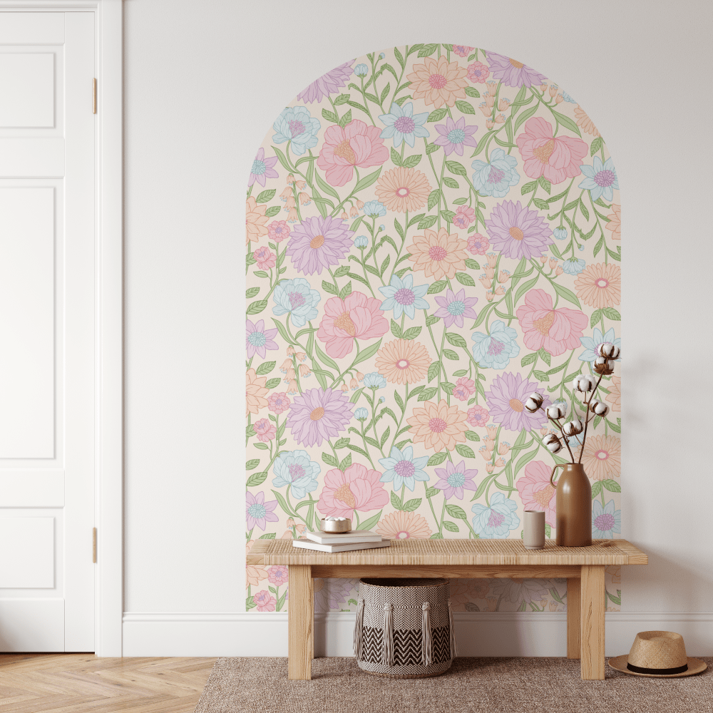 June floral arch decal in pastel tones above a timber bench