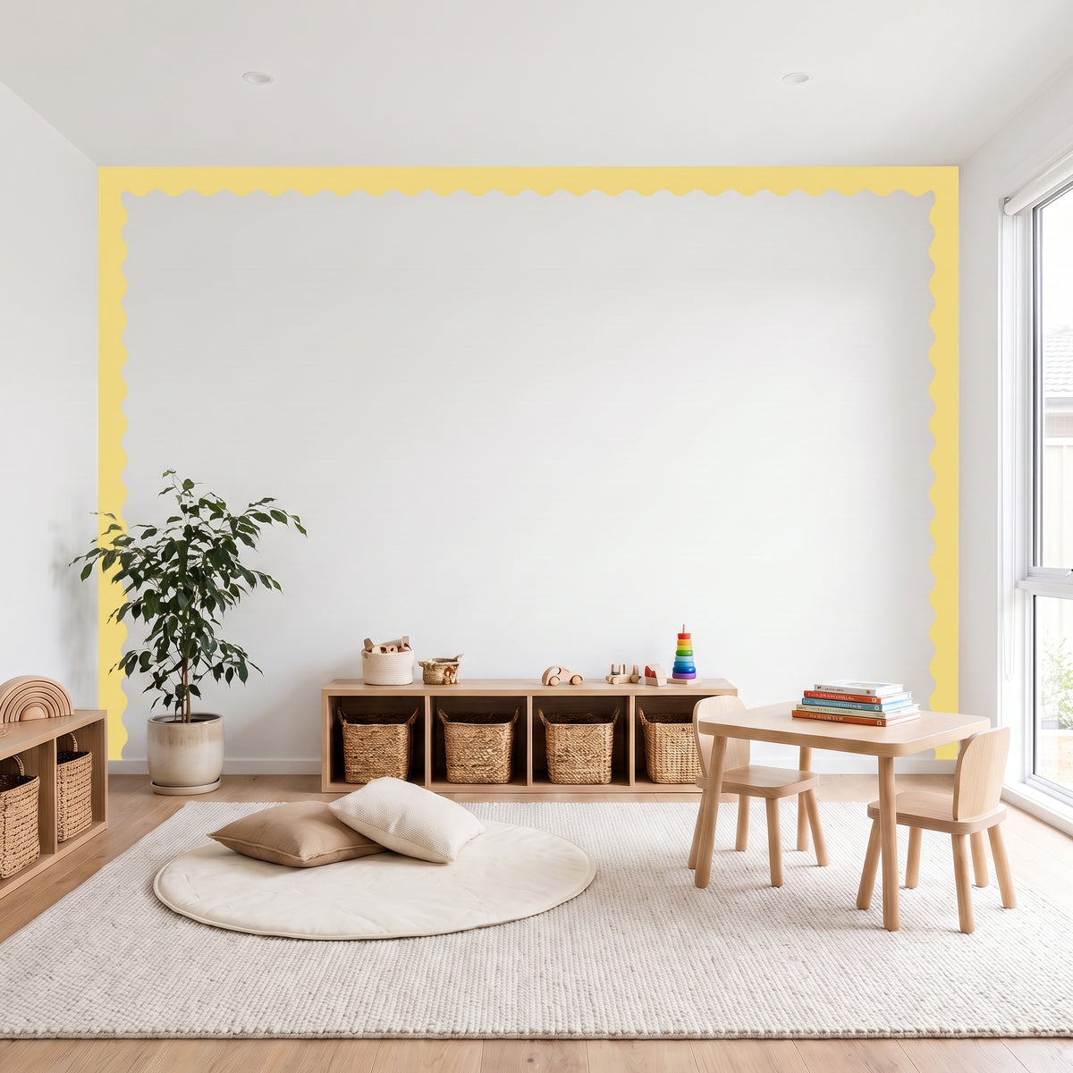 Children's playroom with wooden furniture, toys, and a large mirror on the wall.