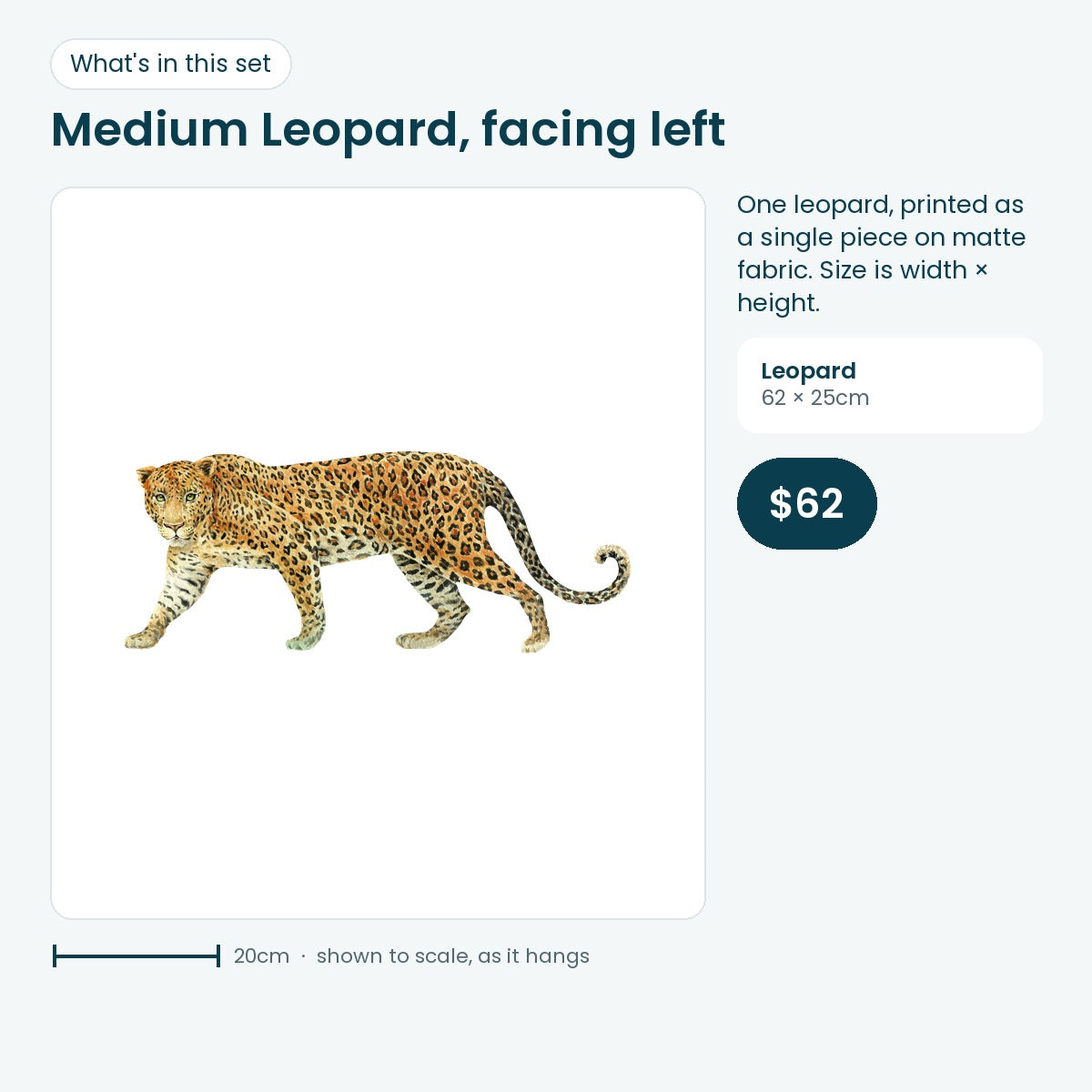Medium leopard decal facing left, 62 × 25cm
