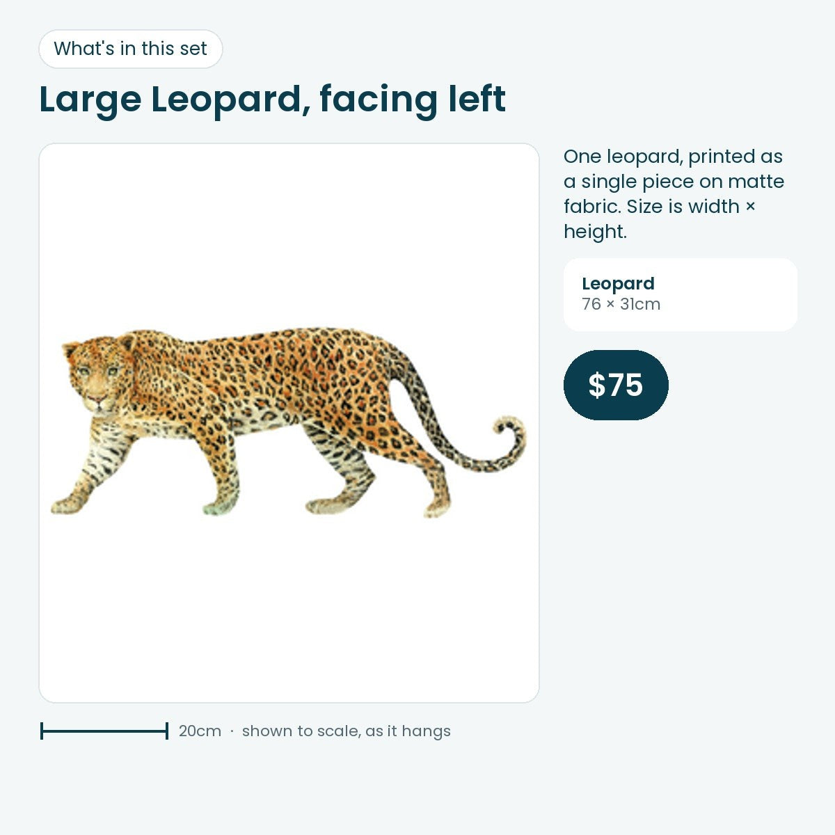 Large leopard decal facing left, 76 × 31cm