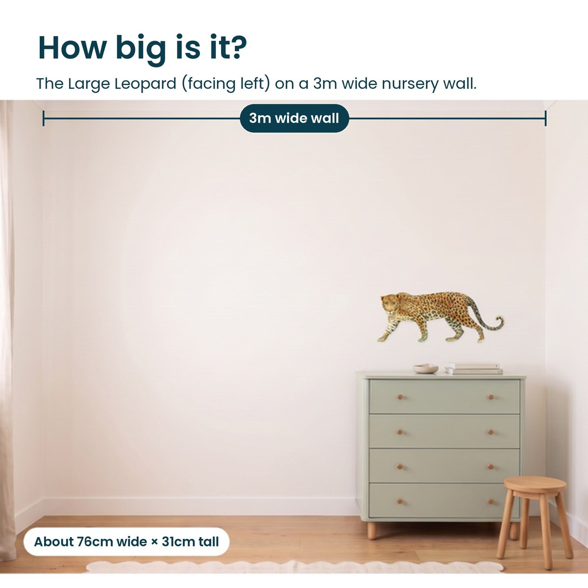 Large leopard facing left on a 3m wide nursery wall