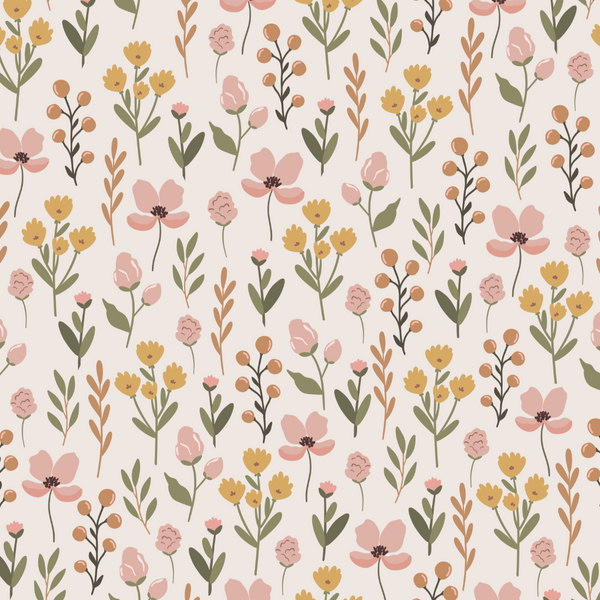 Floral pattern with pink, yellow, and green flowers on a light background