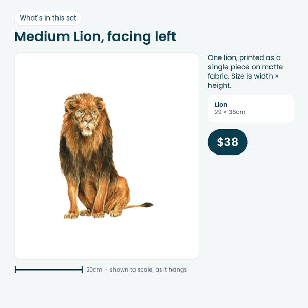 Medium lion wall decal facing left, 29 × 38cm