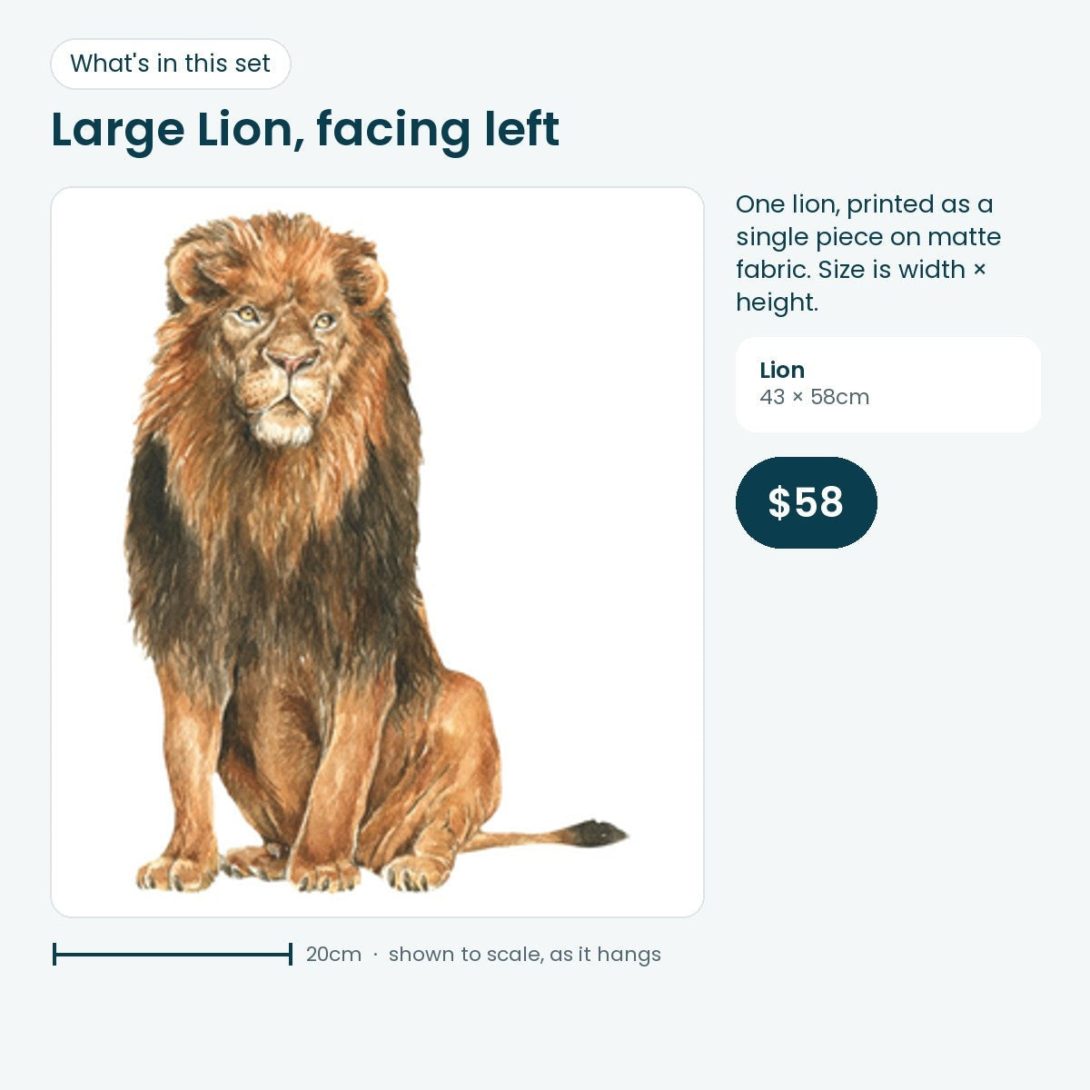 Large lion wall decal facing left, 43 × 58cm
