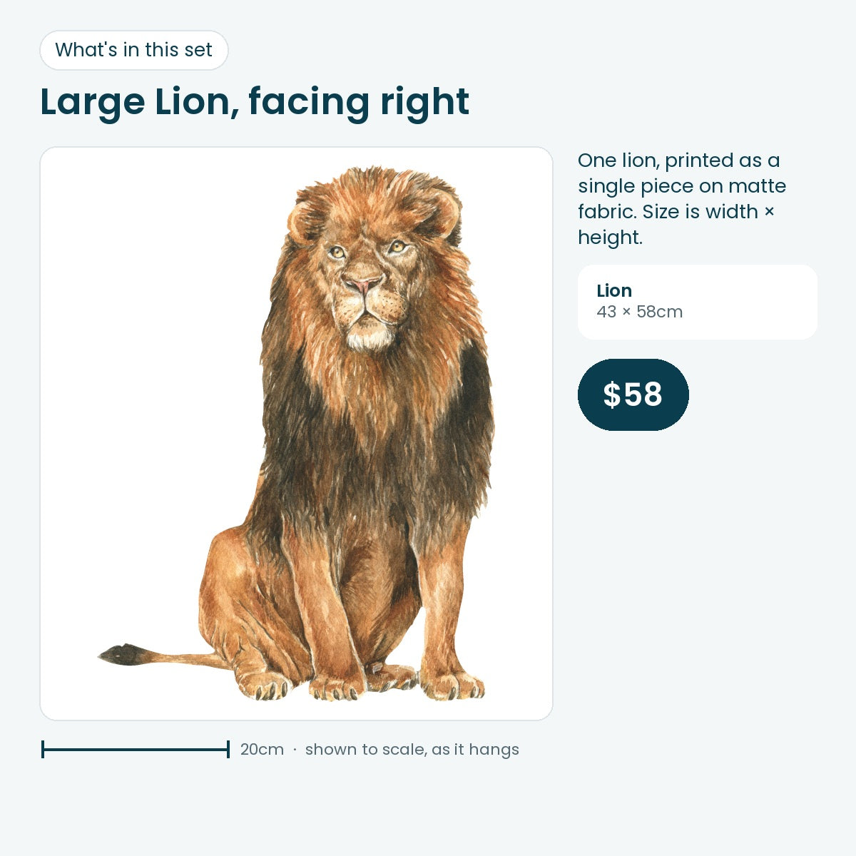Large lion wall decal facing right, 43 × 58cm