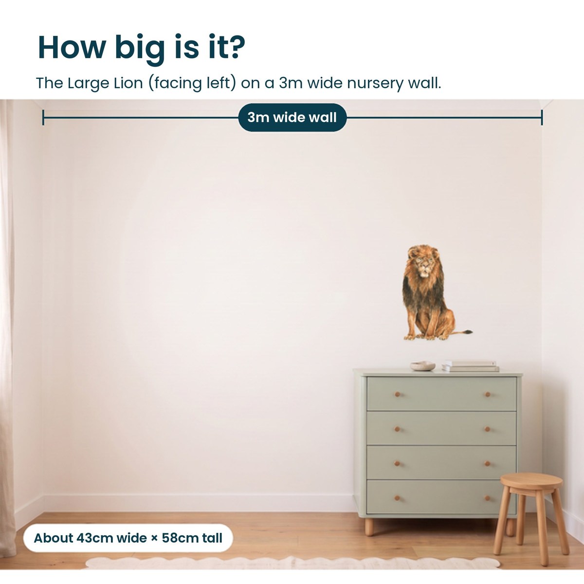 Large lion facing left on a 3m nursery wall, to scale