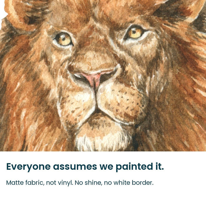 Close-up of the hand-painted watercolour lion face