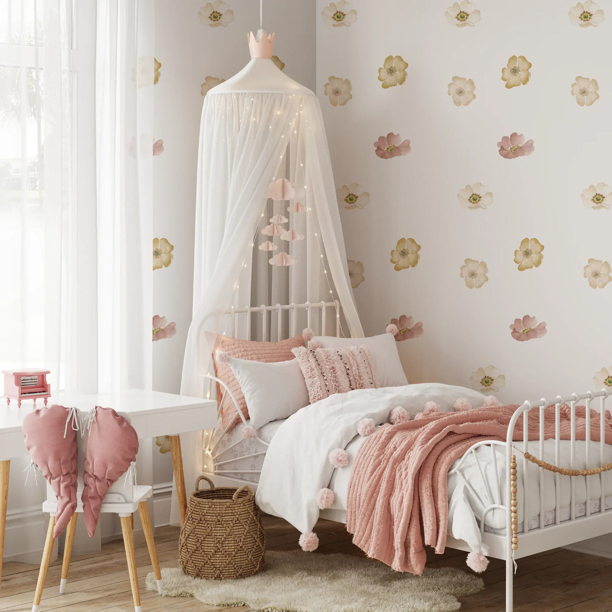 Marigold mini floral decals in a girls room with a white canopy