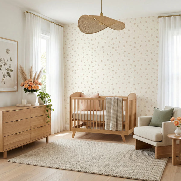 Nursery room with wooden crib, dresser, and decor elements.