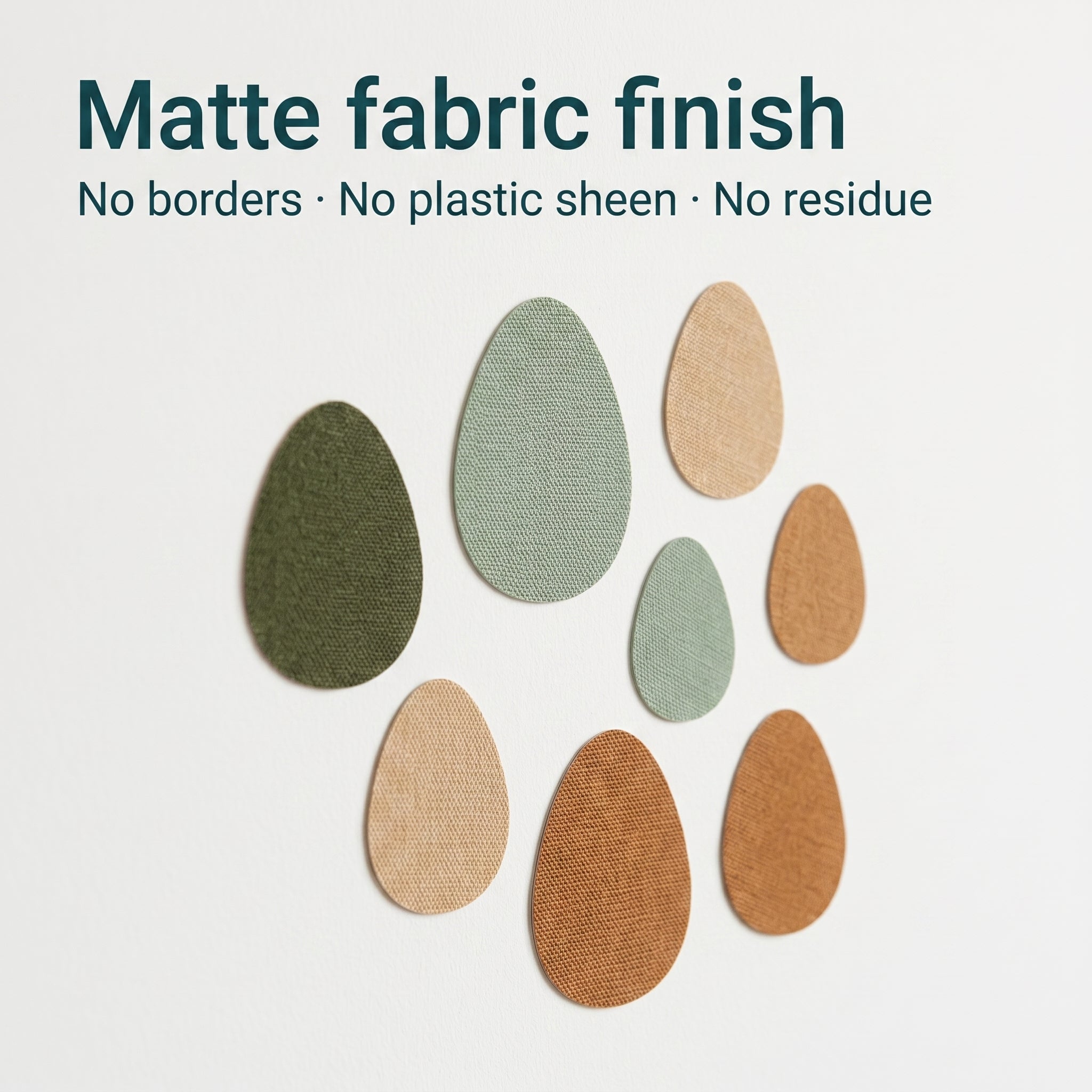 Egg-shaped fabric samples with a matte finish on a light gray background