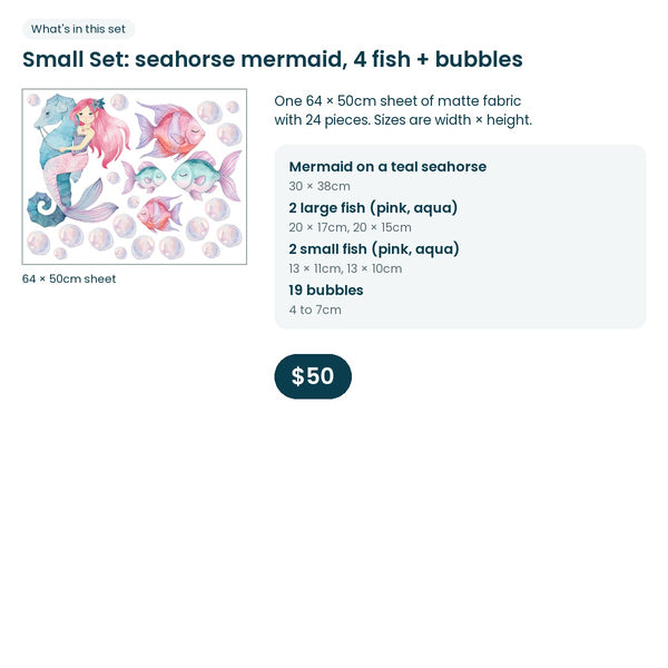 What's in the Small Set: mermaid on a seahorse, 4 fish and 19 bubbles on one 64 x 50cm sheet