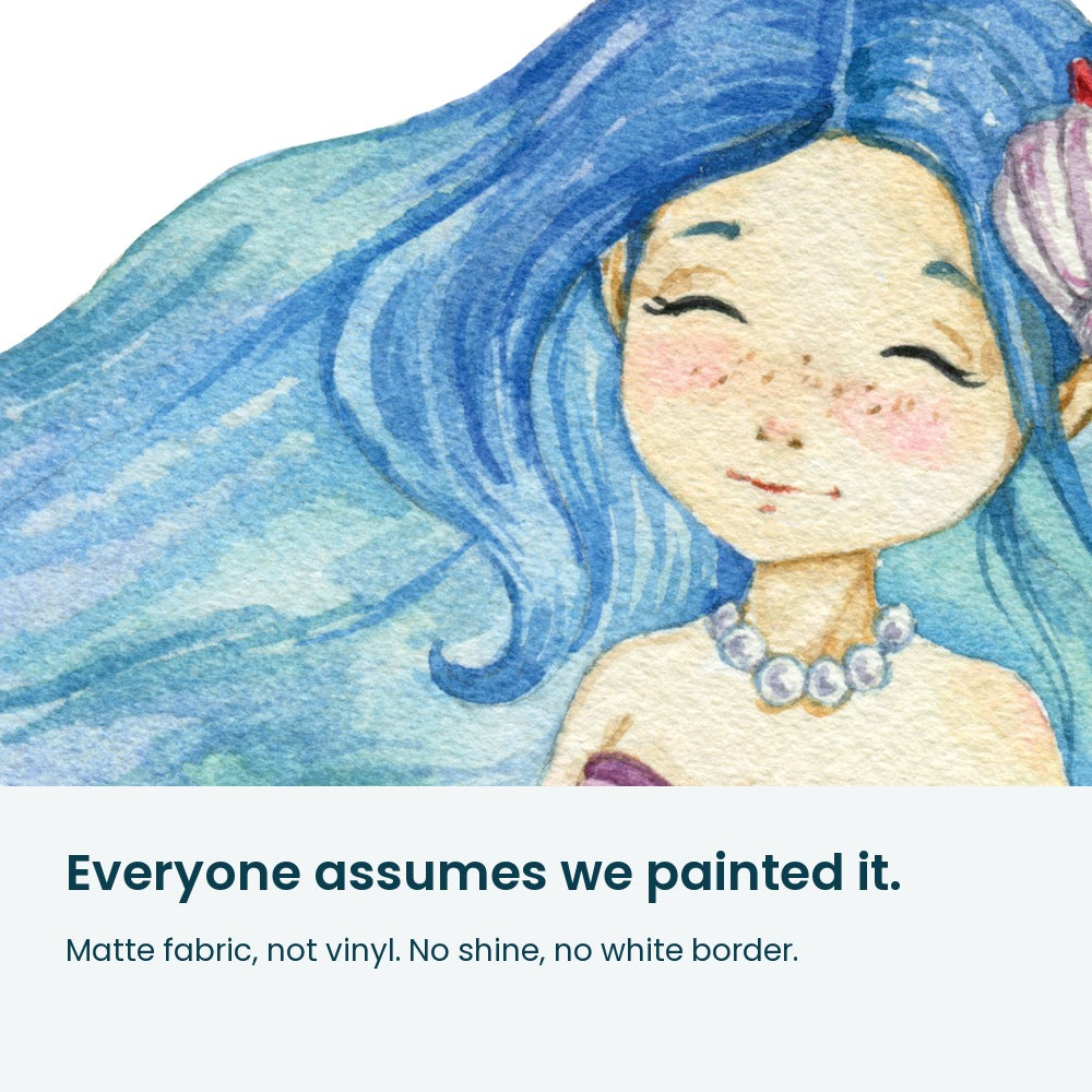 Close-up of the blue-haired mermaid's watercolour face and hair